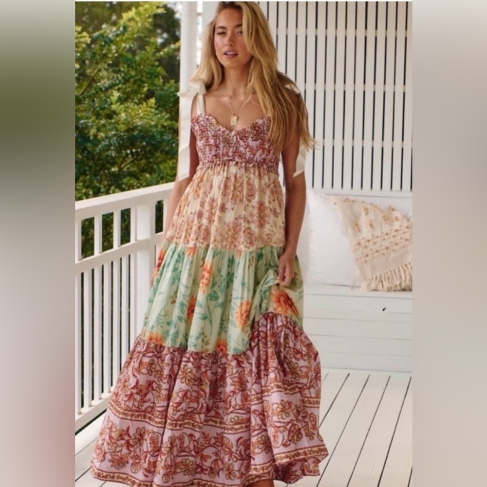 Free People bluebell Floral Tiered Maxi Dress in Pink, Cream & Mint